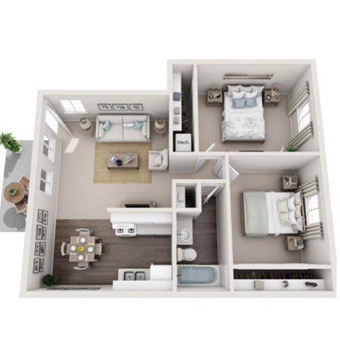 Floor plan for 2 beds, 1 bath, 827 sqft